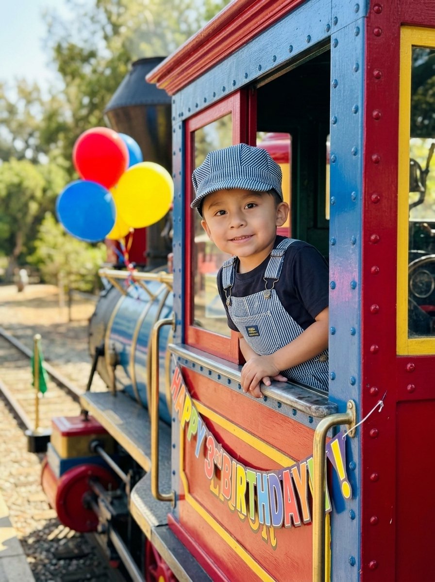André sonriendo en el tren por su cumpleaños número 3