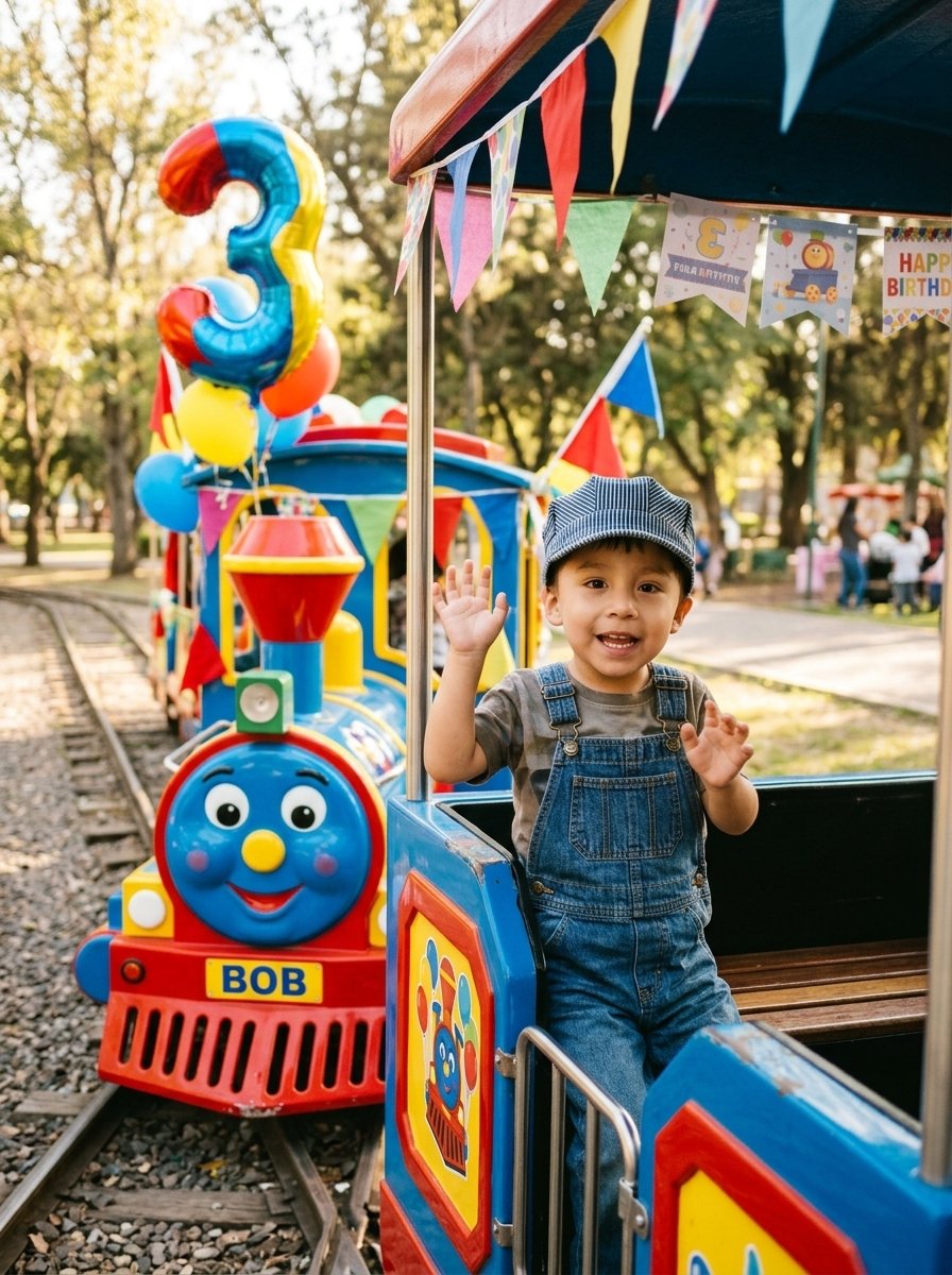 André saludando junto al tren Bob